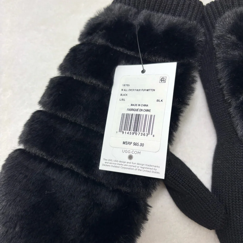 UGG Luxe BLACK‎ FAUX FUR FUZZY WOOL BLEND MITTENS WITH SHERPA LINING size L/XL